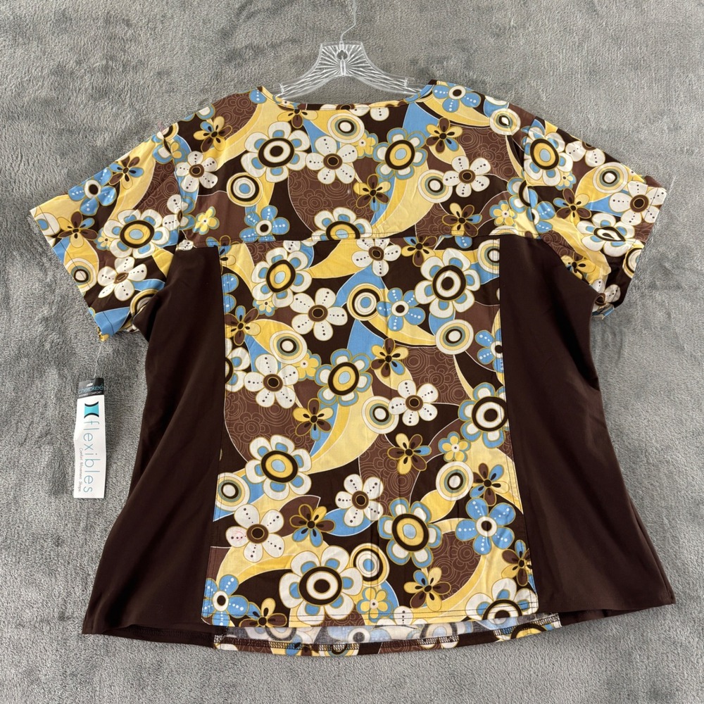 Cherokee Flexibles Floral Scrub Top Womens‎ 2XL Brown Stretch Side Panels V Neck - Picture 2 of 7